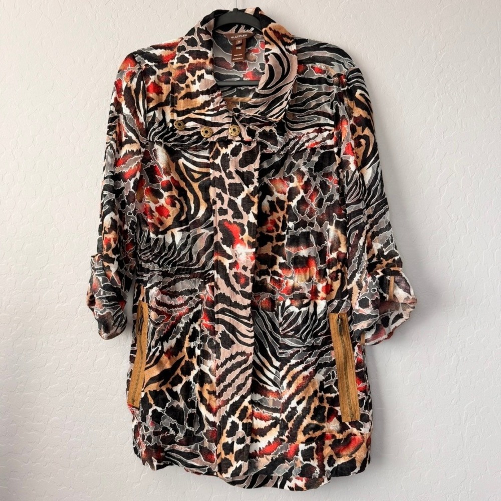 Multiples Medium Utility Jacket Brown Animal Print 3/4 Roll Tab Sleeve Zip